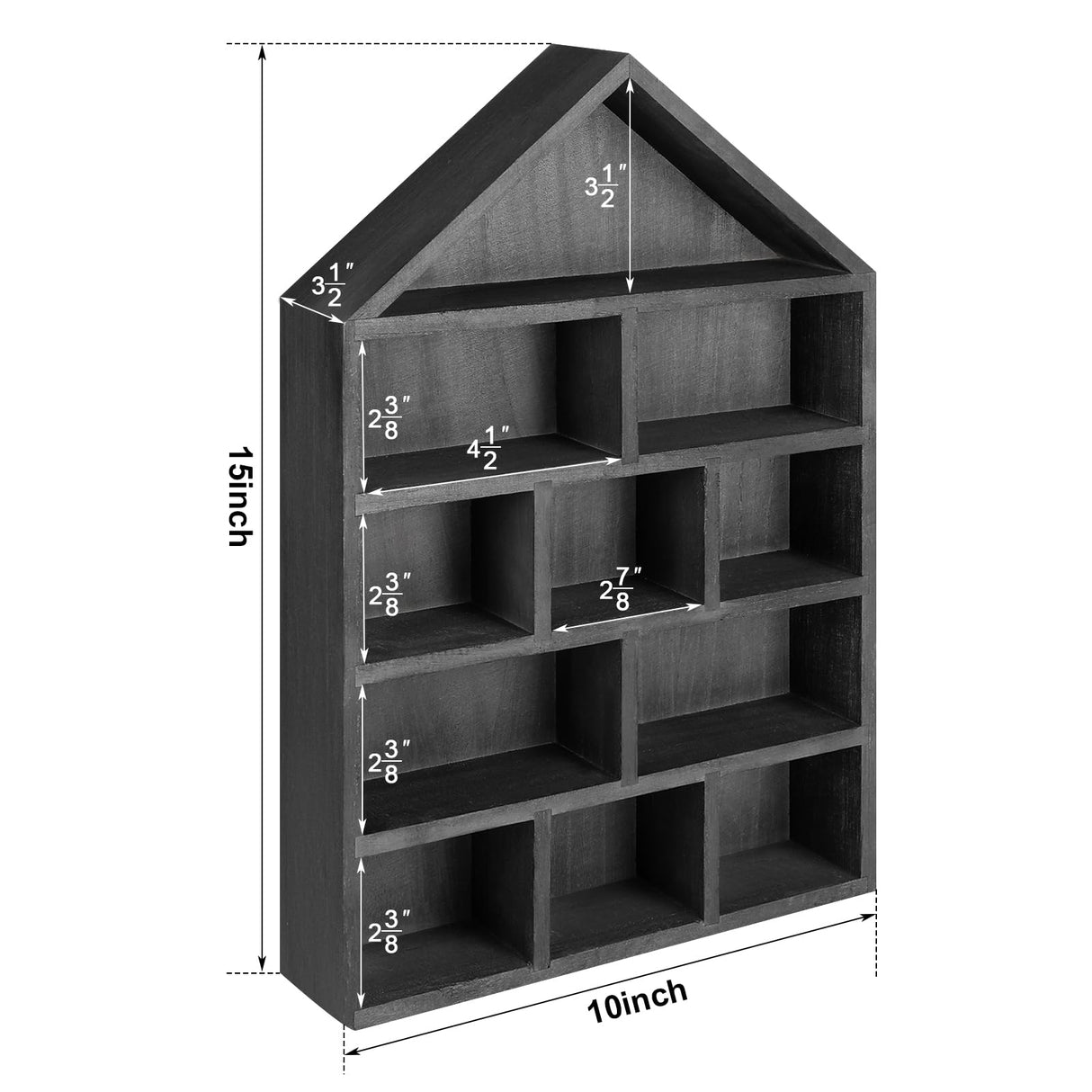 Threehoney House Shaped Wooden Shadow Cubby Box 10 W x 2 1/4 D x 15 H Hanging Display Shelf Organizer Wall Mounted Curio Cabinet Wooden Display Case Miniature Display Shelf for Figures (Black) Threehoney