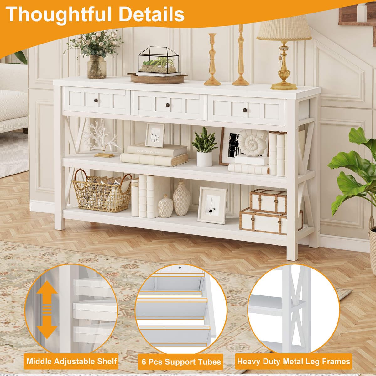 FATORRI Rustic Wood and Metal Console Table with 3 Drawers for Entryway and Living Room - White Oak FATORRI