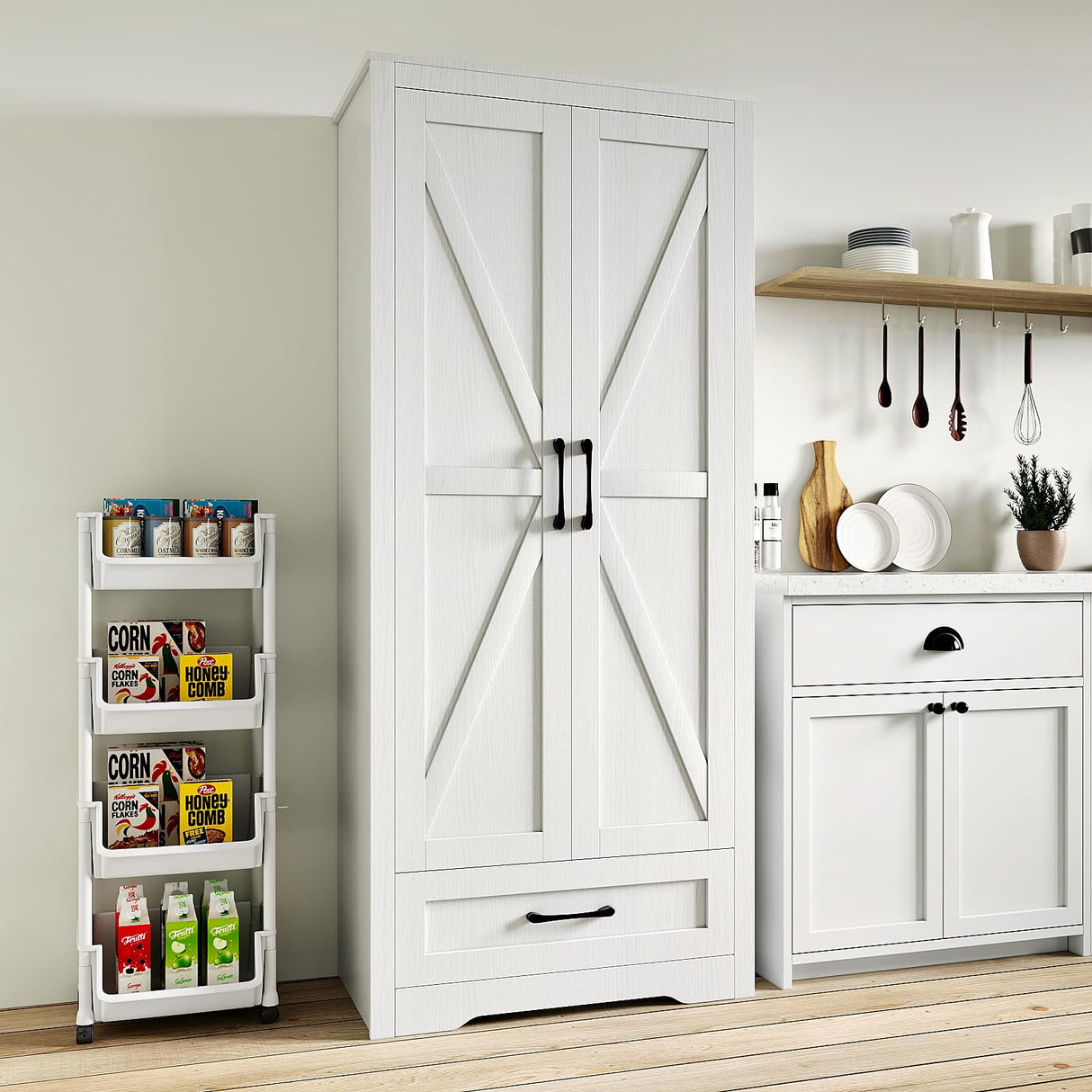 NOVAMAISON Farmhouse Kitchen Pantry Cabinet - 72” Tall Storage Cabinet w/Barn Doors & Adjustable Shelves & Drawer, White Cabinet Freestanding Wood Storage Cabinet for Kitchen, Dining Room, Bathroom NOVAMAISON