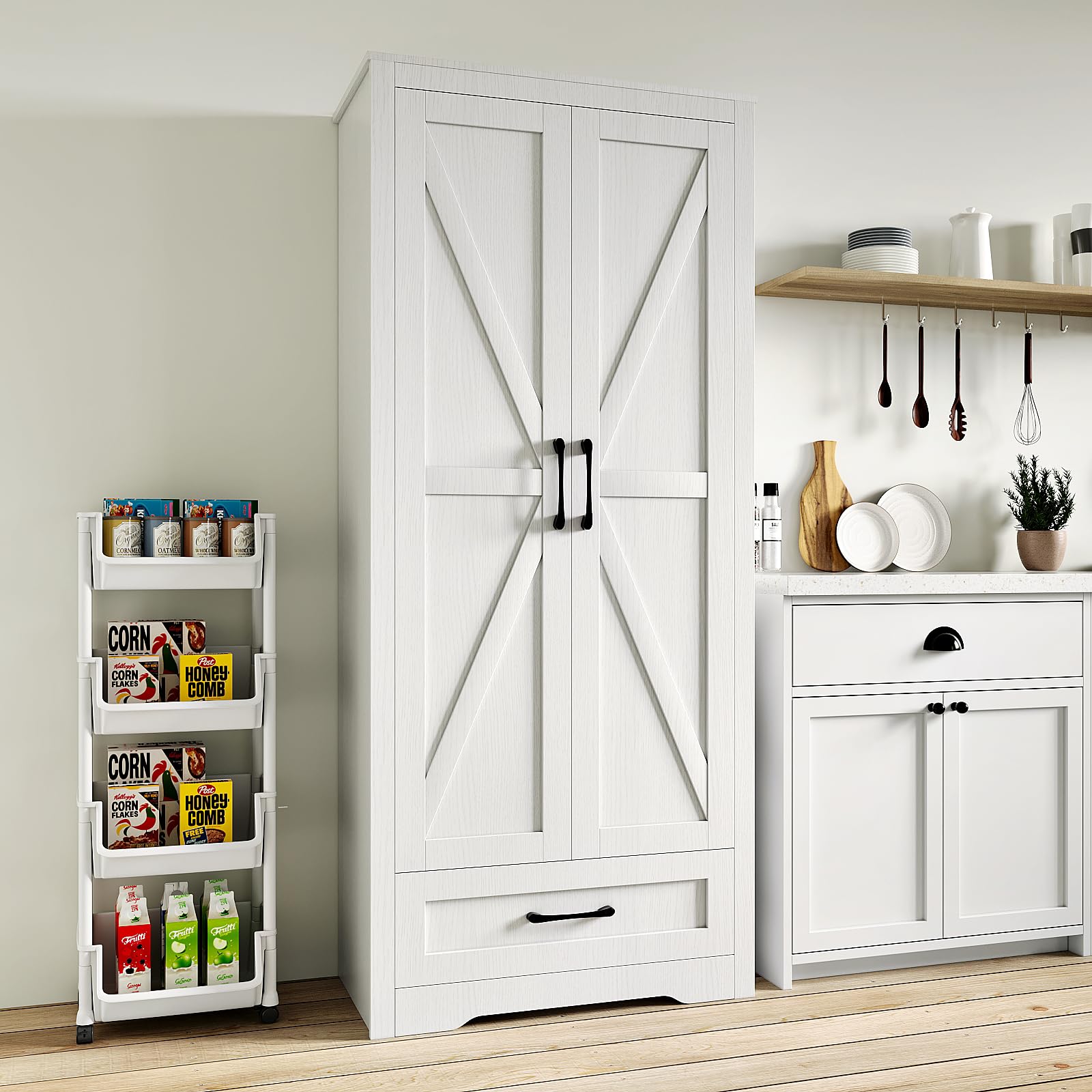 NOVAMAISON Farmhouse Kitchen Pantry Cabinet - 72” Tall Storage Cabinet w/Barn Doors & Adjustable Shelves & Drawer, White Cabinet Freestanding Wood Storage Cabinet for Kitchen, Dining Room, Ba - WoodArtSupply