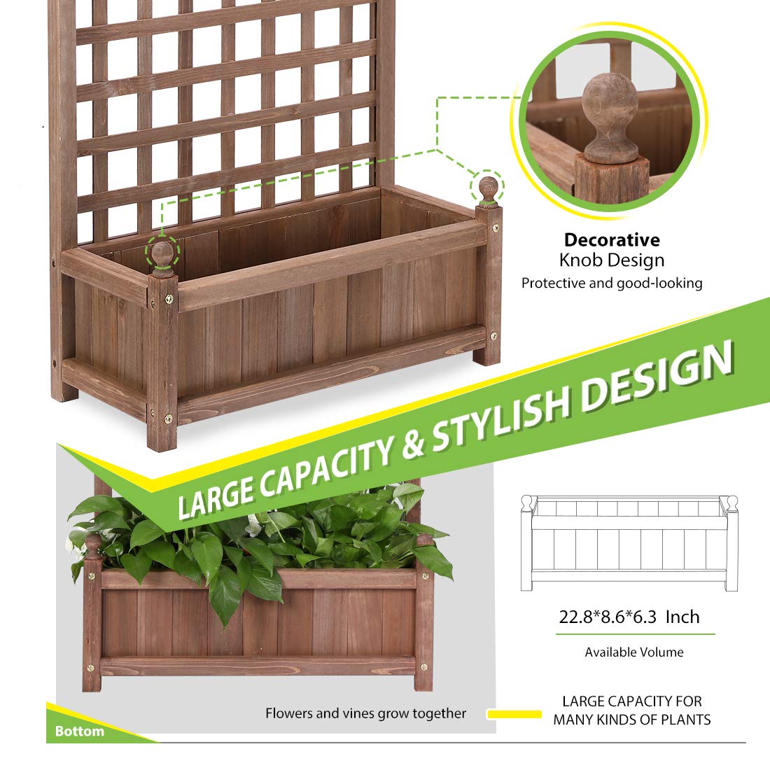 VIVOHOME Wood Planter Raised Garden Bed with Trellis, 48 Inch Height Outdoor Garden Flower Standing Planter Box Lattice Panels with Planter for Patio Porch w/Drainage Holes - WoodArtSupply