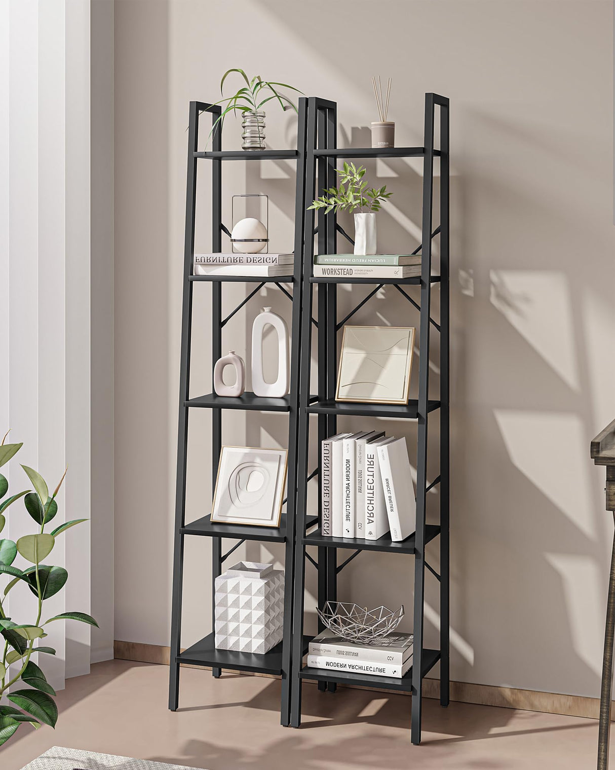 Hzuaneri Ladder Shelf, Bookshelf Bookcase, Freestanding Corner Storage Shelve with 2 Hooks for Home Office, Living Room, Kitchen, Bedroom, Industrial, 5-Tier Black BC03204B Hzuaneri