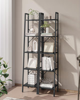 Hzuaneri Ladder Shelf, Bookshelf Bookcase, Freestanding Corner Storage Shelve with 2 Hooks for Home Office, Living Room, Kitchen, Bedroom, Industrial, 5-Tier Black BC03204B Hzuaneri