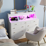Yeyawomy 9 Drawers Dresser with LED Light, Dresser for Bedroom with Power Outlet, Modern Chest of Drawers, Storage Dresser with Open Storage Space, Dressers & Chests of Drawers for Closet (White) Yeyawomy