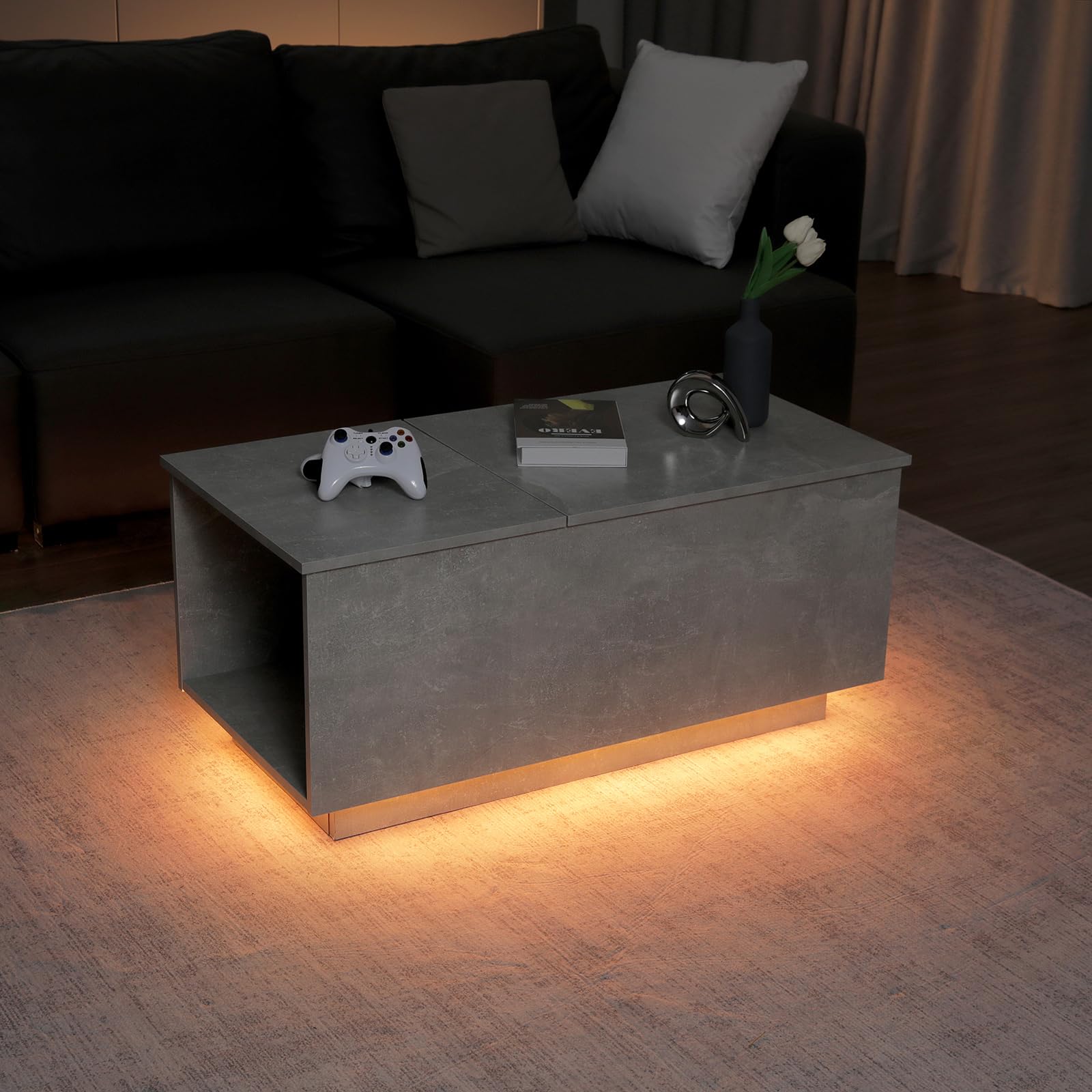 HOMMPA Lift Top Coffee Table with Charging Station Grey Led Coffee Table with Storage Hidden Compartment Modern Coffee Table with Lift Top Center Table with 16 Color LED Light for Living Room - WoodArtSupply