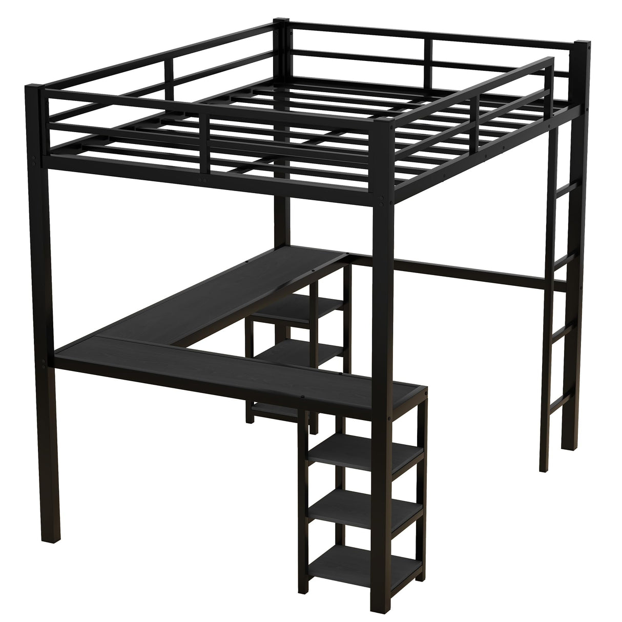 Full Size Loft Bed with Desk and Storage Shelves, Heavy Duty Metal Loft Bed with Black Desk and Guardrail, Full Size Loft Bed for Kids, Teens(Full Black Desk) Bellemave