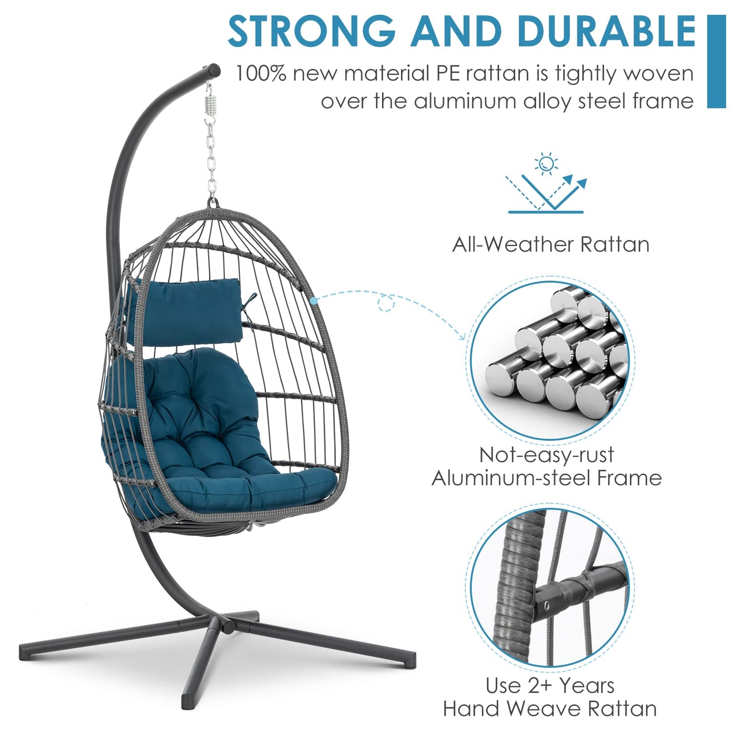 Brafab Wicker Rattan Hanging Swing Egg Chair, Aluminum Frame and UV Resistant Cushion, Indoor Outdoor Patio Porch Lounge Hand Made Chair 350LBS Capacity