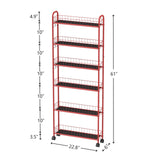 VFY 6-Tier Storage Cart Wire Slim Shelving Shelf with Wheels for Small Spaces, Rolling Tall Organizer Storage for Bathroom, Kitchen, Home, Garage, Bedroom, Closet (Red, 6" D) VFY