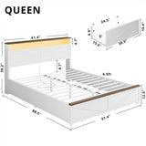 IRONCK Farmhouse Queen Size Bed Frame with LED Light and Charging Station, Wood Bed Frame with Storage Headboard and 2 Drawers， Barn Door Design, Sturdy and Noiseless, White IRONCK