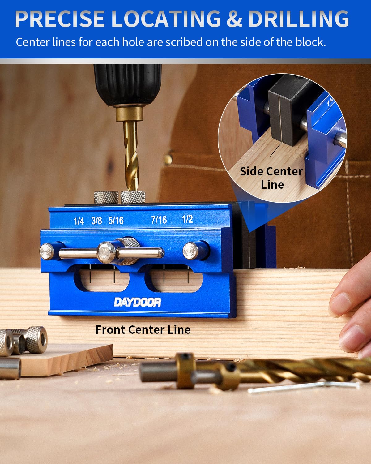 DAYDOOR Self Centering Doweling Jig, Adjustable Width Dowel Jig for Straight Holes, Biscuit Joiner Set with 6 Bushings and 3 Drill Bits(Blue) DAYDOOR