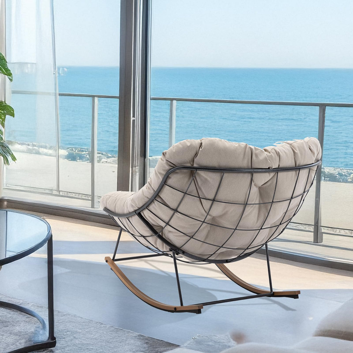 AIDEHO Outdoor Patio Rocking Chair, Oversized Papasan Chair with Cushion and Frame, Comfy Modern Rocker Egg Chair for Living Room, Garden Backyard，Beige AIDEHO