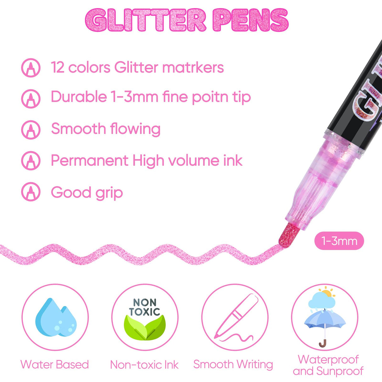 OLINGYOU Glitter Marker Pens,24 Colors Self-Shimmer Metallic Markers,Glitter Paint Pens DIY Crafts Greeting Birthday Cards, Making Poster,Album,Scrapbooking,Wood，Mugs OLINGYOU