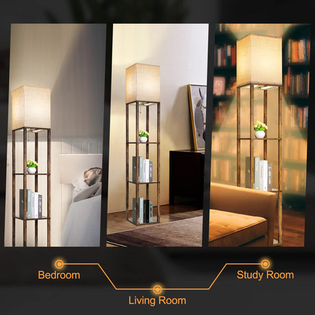 RUNTOP Floor Lamp with Shelves, Modern Shelf Lamp for Display Storage, 3 Color Temperature Wood Narrow Standing Corner Lamp with 8W Bulb for Living Room Decor, Bedroom, Office, Home Decor(Brown) RUNTOP