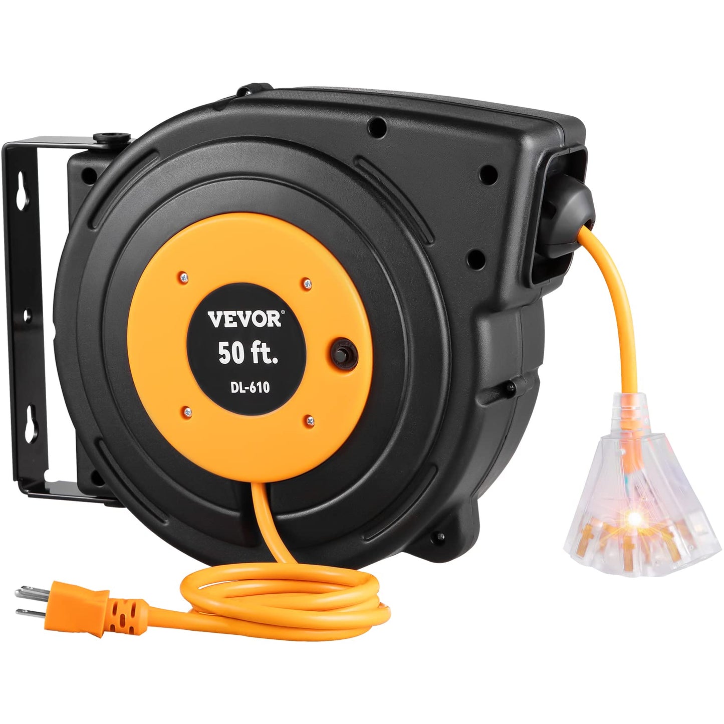 VEVOR Retractable Extension Cord Reel, 50 FT Heavy Duty 14AWG/3C SJTOW Power Cord with Lighted Triple Tap Outlet, 13 Amp Circuit Breaker, 180° Swivel Bracket for Ceiling or Wall Mount - WoodArtSupply