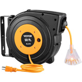 VEVOR Retractable Extension Cord Reel, 50 FT Heavy Duty 14AWG/3C SJTOW Power Cord with Lighted Triple Tap Outlet, 13 Amp Circuit Breaker, 180° Swivel Bracket for Ceiling or Wall Mount VEVOR