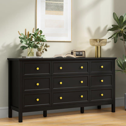 CARPETNAL Black Dresser for Bedroom, 9 Drawer Dresser with Wide Drawers and Gold Metal Handles, 59" White and Gold Dresser TV Stand, Modern Dressers & Chests of Drawers for Hallyway, Entryway.