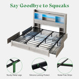 AMERLIFE Distressed White King Bed Frame with 4 Storage Drawers, LED Bookcase Headboard, and Integrated Charging Station AMERLIFE