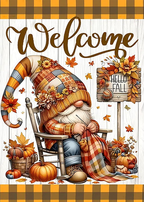 Hello Fall Gnome Sewing Diamond Art Kits for Adults, 5D Diamond Painting Kits for Adults Beginners, DIY Full Round Drill Diamond Dot Painting Gem Art Kits for Adult, Home Wall Decor 11.8x15.7 Inch VCLKDIY