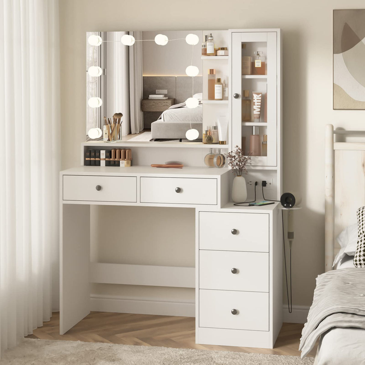 Fameill White Makeup Vanity Desk with Mirror and Lights,Vanity Table with Power Strip and Lighted Mirror,Large Makeup Table with 5 Drawers Lots Storage,3 Lighting Modes,39.4inch(L) Fameill