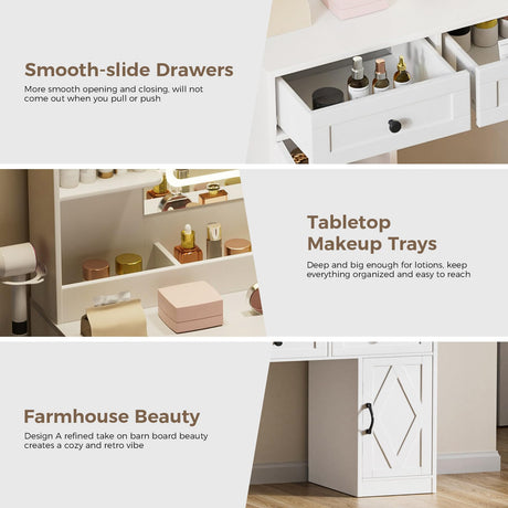COMHOMA Makeup Vanity Desk with Mirror and Lights, Large Vanity Table with 6 Drawers & 1 Storage Cabinet, White Bedroom Dresser Table for Girls, 3 Color Modes Adjustable Mirror, White COMHOMA
