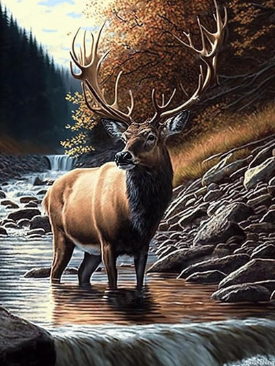 jiaqinglong Creek Elk Diamond Painting Kits, Forest Animal Diamond Painting, Full Round Crystal Gemstone Art Kit for Adults for Wall Decor Entryway Decor Relaxing 12x16 Inch, Colourful