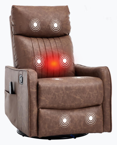 PELUMY Recliner Chair Swivel Rocking with Heat Massage - 360° Manual Recliner, 8-Point Vibrating & Lumbar Heat, Easy Assembly Chair for Living Room (Breathable Leather, Brown)