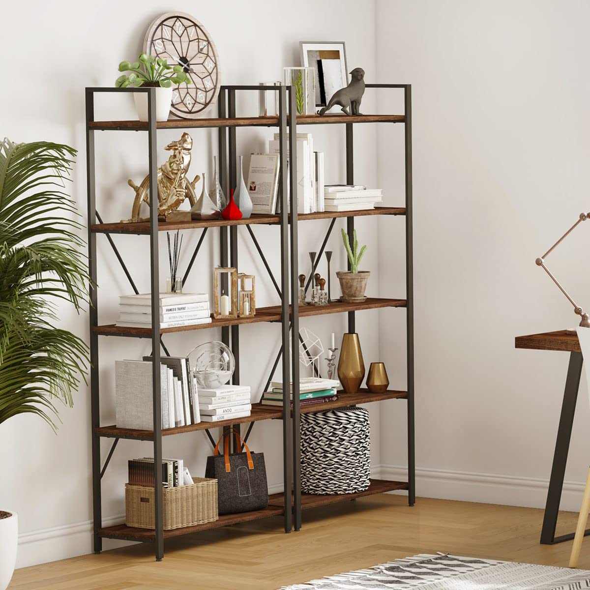 BON AUGURE 5-Tier Rustic Oak Industrial Bookshelf with Metal Frame - WoodArtSupply