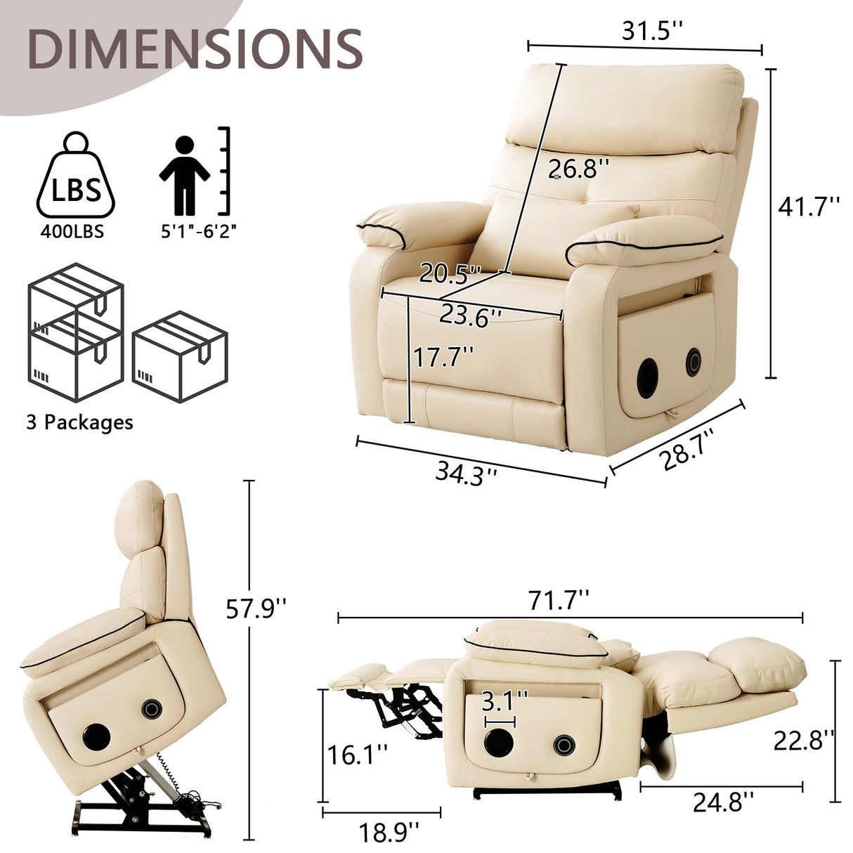 Dual Motor Power Lift Recliner Chair for Adult & Elderly, Infinite Position Lay Flat Lift Chair with Heat & Massage, Cup Holder, Lumbar Pillow, Wireless Charger, USB Ports, Leather (Beige) RESTREAL