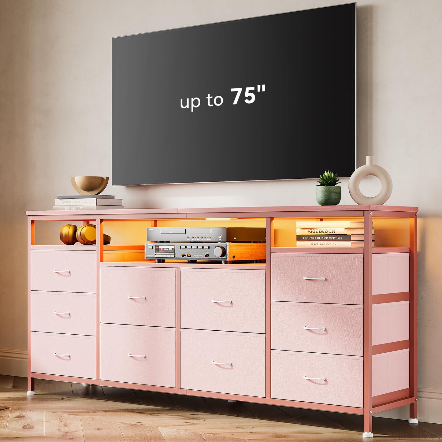 63.3 Inch Dresser for Bedroom, 10 Drawer Dresser TV Stand for 65 70 75 Inch TV, Fabric Chest of Drawers with LED Lights & Power Outlets, Long Entertainment Center for Closet, Living Room, Entryway