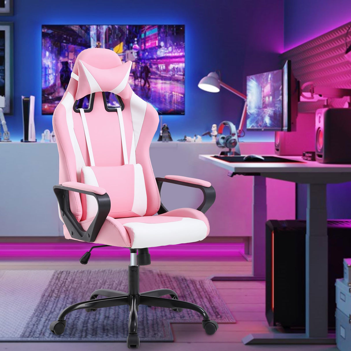 PayLessHere Ergonomic Racing Desk Chair Gaming Chair Computer Chair with Armrests 360° Swivel & Caster Pu Desk Task Chair Executive Headrest Lumbar Support for Back Pain Women Men and Adults,Pink PayLessHere