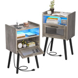 HAIOOU Set of 2 Mid Century Nightstand with Charging Station, Mid Century LED Light Modern End Table with Drawer, Glass Door, Open Shelf, Small Side Table Pine Wood Legs for Home Bedroom Living Room HAIOOU