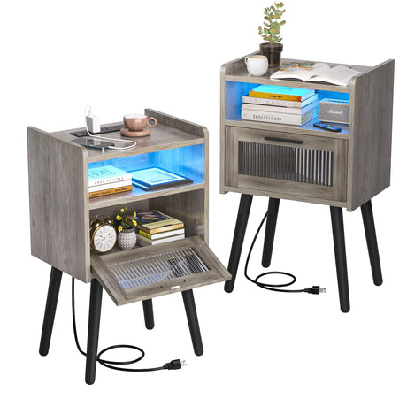 HAIOOU Set of 2 Mid Century Nightstand with Charging Station, Mid Century LED Light Modern End Table with Drawer, Glass Door, Open Shelf, Small Side Table Pine Wood Legs for Home Bedroom Living Room HAIOOU