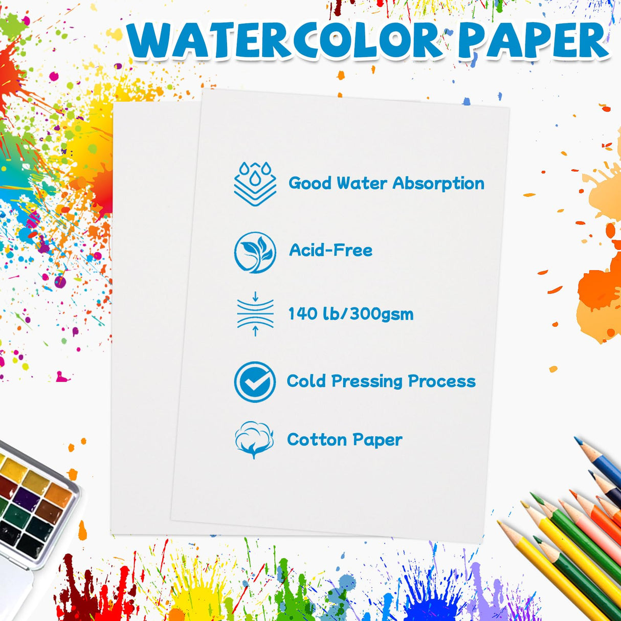 30 Sheets Watercolor Paper 5x7 Inch, 140 lb/300 GSM Cold Press Watercolor Paper Bulk, White Water Color Paper Cotton Paper for Kids Students Adults Beginners Artists Prudiut