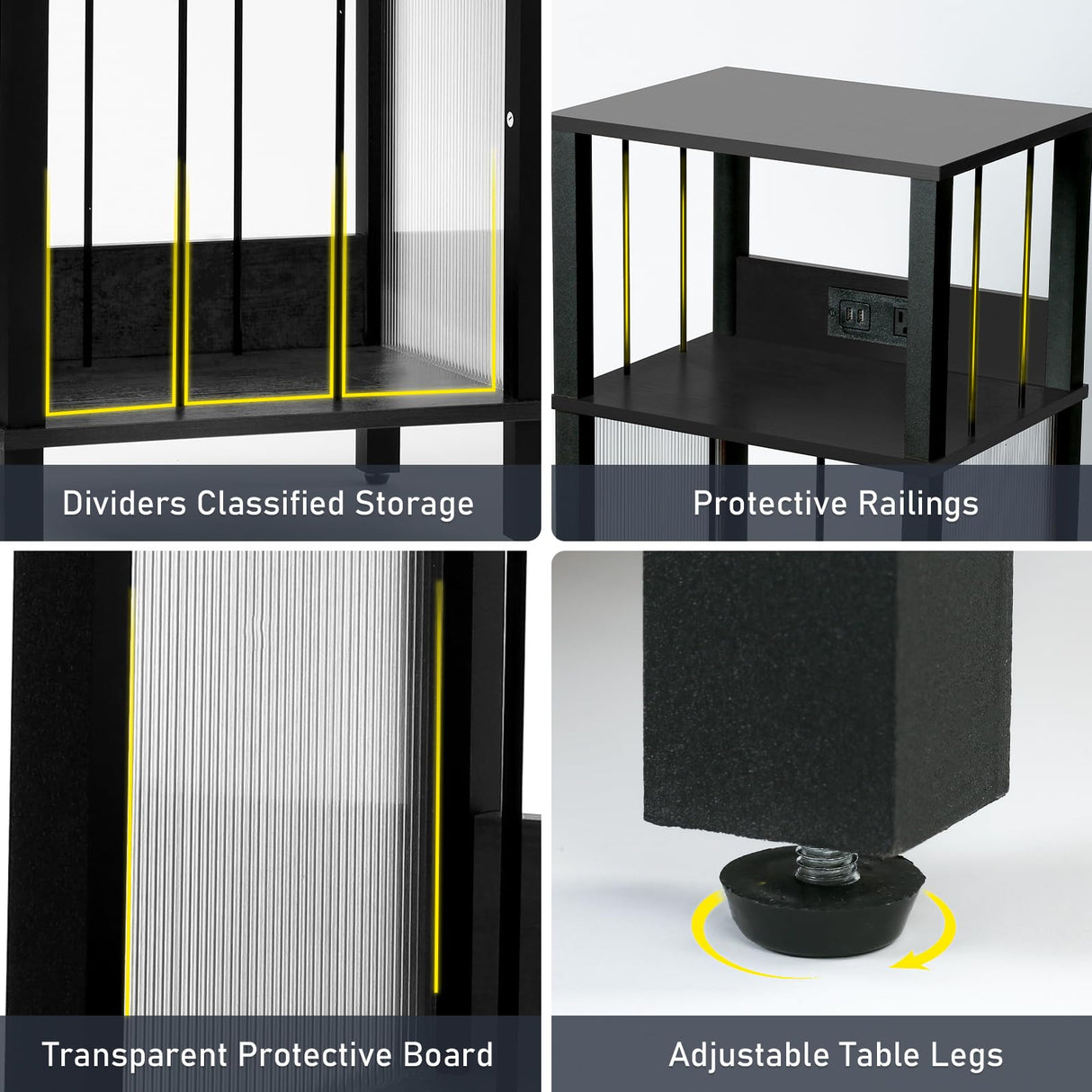 DGSANDGO Record Player Stand with Charging Station, 3 Tier End Table with Vinyl Record Holder, Record Shelf Up to 100 Albums, for Living Room, Bedroom, Office.（Black） DGSANDGO