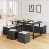 XIAO WEI Corner Dining Table Set with Storage Stool and Storage Bench,47 Inch Rustic Brown Breakfast Nook with Banquette Seating,6 Pieces Dining Table Set Corner Booth for Kitchen and Dining Room XIAO WEI