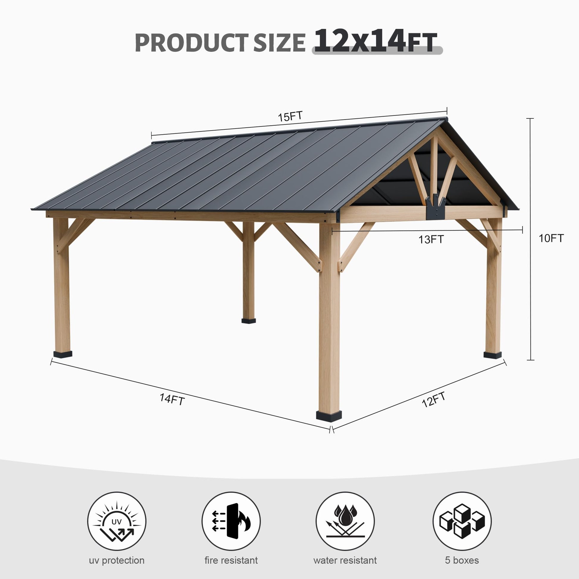 Yardsight 13' x 15' Wood Gazebo, Hardtop Cedar Gazebo with Galvanized Steel Roof, Permanent Outdoor Pavilion for Garden, Patio, Deck, Backyard, Lawn. - WoodArtSupply