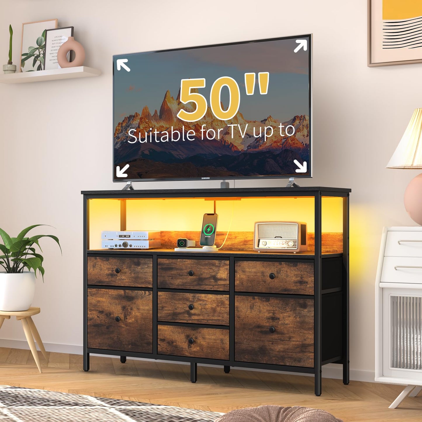 Yoobure TV Stand Dresser for Bedroom, 7 Fabric Drawers Entertainment Center, LED Dressers with Power Outlets, TV Stands for Living Room with Storage Shelf, TV Console Entertainment Stand up to 50" TV