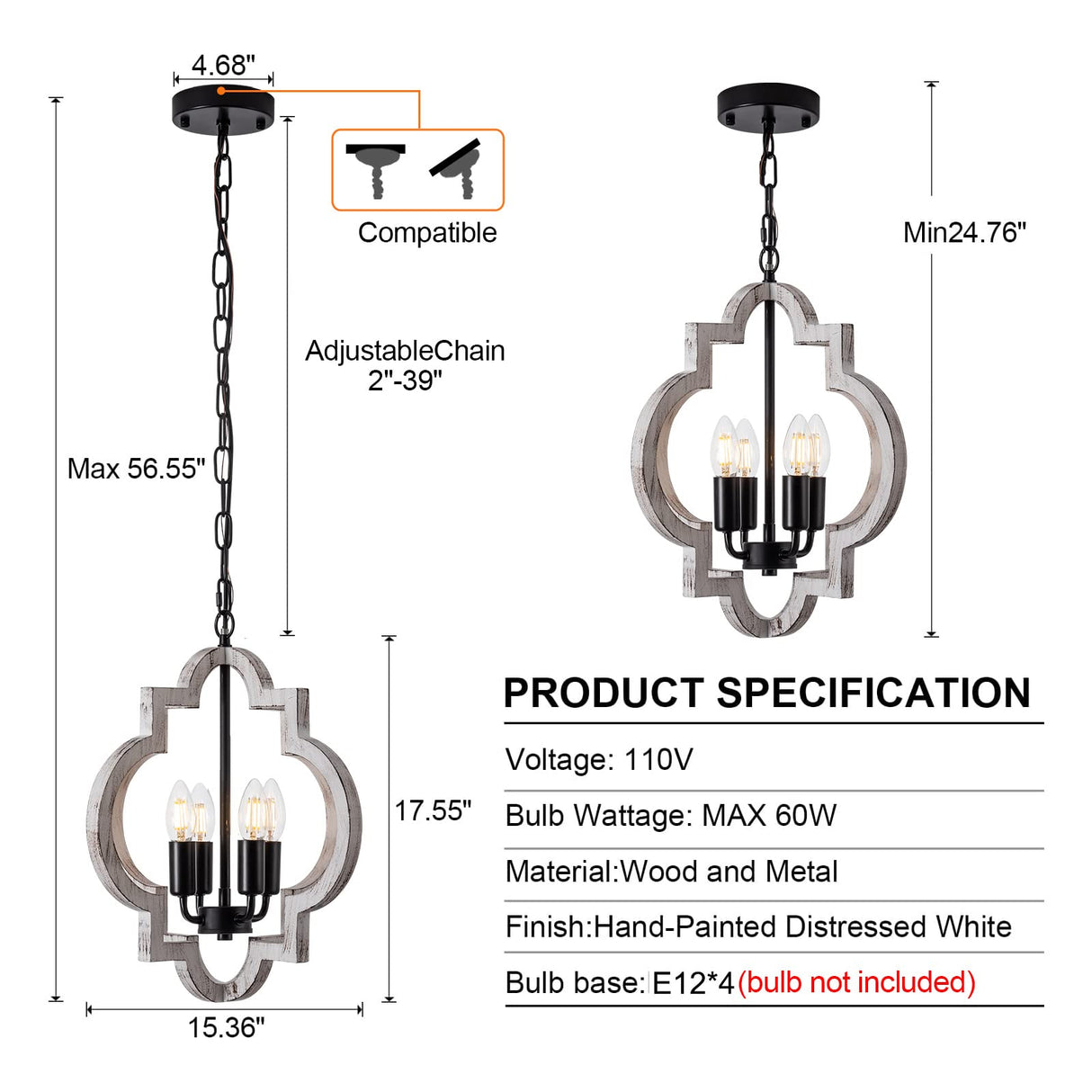 lighceac 4-Light 15" Farmhouse Orb Chandelier Rustic Handmade Distressed White Wood Hanging Ceiling Pendant Light Fixture Wood Lantern Chandeliers for Dining Room Kitchen Bedroom Foyer Hallway lighceac
