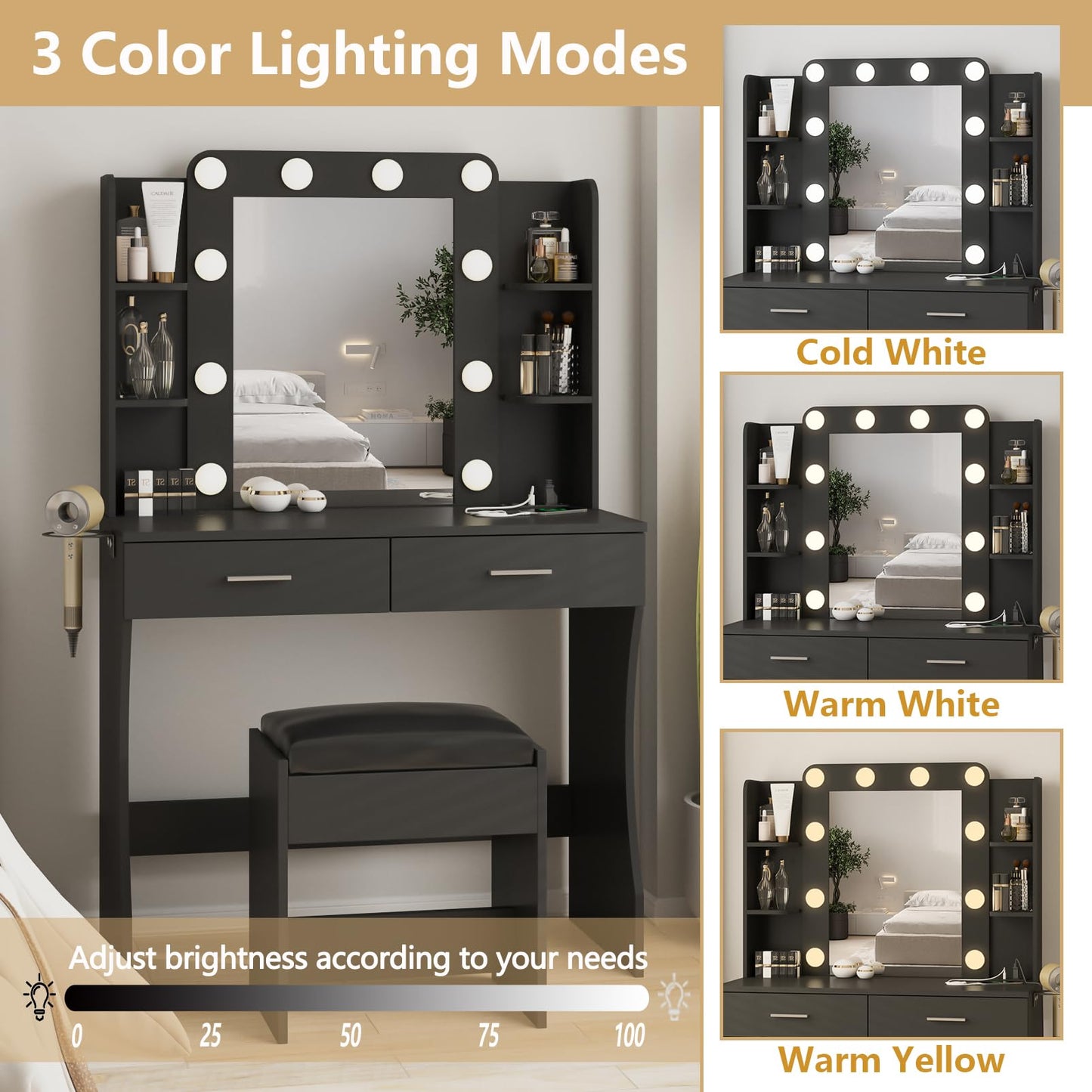 Vanity Desk with Lights,Makeup Vanity with Power Strip,Dressing Table Set with 2 Large Drawers,Vanity Mirror 3 Lighting Color Adjustable,Black