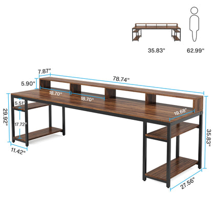 Tribesigns Two Person Desk with Monitor Stand, 78.74" Long Double Computer Office Desk with Storage Shelves, Large Gaming Desk Study Writing Table Workstation for Home Office, Rustic Brown - WoodArtSupply