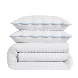 WDCOZY White King Size Quilt Bedding Set, Scalloped Farmhouse Country Rustic Lightweight Soft Coverlet, Cute Cozy Kantha Pick Stitch Bedspread, 2 Pillow Shams, Blue Edge Blue Stitching WDCOZY