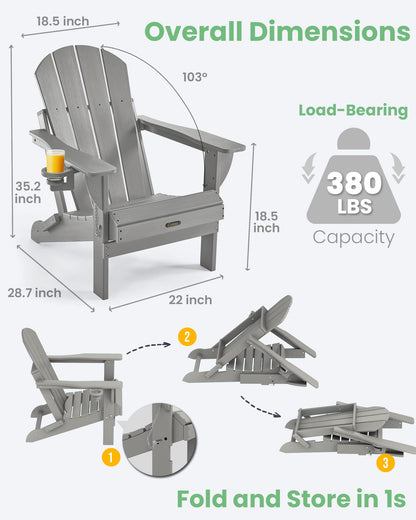 Ciokea Folding Adirondack Chair Wood Texture, Patio Chair Weather Resistant, Plastic Fire Pit Chair with Cup Holder, for Lawn Outdoor Porch Garden Backyard Deck (Grey) - WoodArtSupply