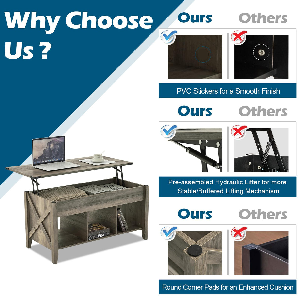 VINGLI Color Upgraded Farmhouse Lift Top Coffee Table, Rustic Grey Coffee Table with Lift Top, Lift Up Pop Up Coffee Table with Storage Shelf/Hidden Compartment, Coffee Table Mesa De Centro para Sala VINGLI