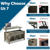 VINGLI Color Upgraded Farmhouse Lift Top Coffee Table, Rustic Grey Coffee Table with Lift Top, Lift Up Pop Up Coffee Table with Storage Shelf/Hidden Compartment, Coffee Table Mesa De Centro para Sala VINGLI