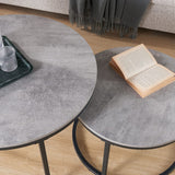 CENSI Round Nesting Coffee Table Set of 2, 31.5" Modern Industrial Center Tables for Living Room, Grey Marble Concrete Wood Finish with Black Metal Frame, Stacking Circle Accent Furniture CENSI