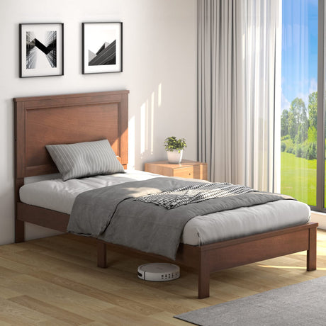 KOMFOTT Twin Size Wood Platform Bed Frame with Headboard, Wooden Mid Century Platform Bed with Slat Support & Under Bed Storage, Mattress Foundation Bed Base, No Box Spring Needed, Walnut KOMFOTT