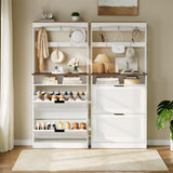 YATINEY Tall Shoe Cabinet with Flip Drawers and Coat Rack, Floor Standing Modern Shoe Storage Organizer, 2-in-1 Hall Tree with Movable Hooks and Open Shelves, for Entryway, White and Walnut SC01WH YATINEY
