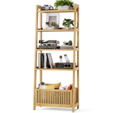 Bamjoy Bamboo Ladder Shelf, Bookshelf with 4 Display Shelves and 1 Open Storage Basket, Multifunctional Storage Rack Organizer for Home Office, Bedroom, Living Room, 66” H Natural Bamjoy