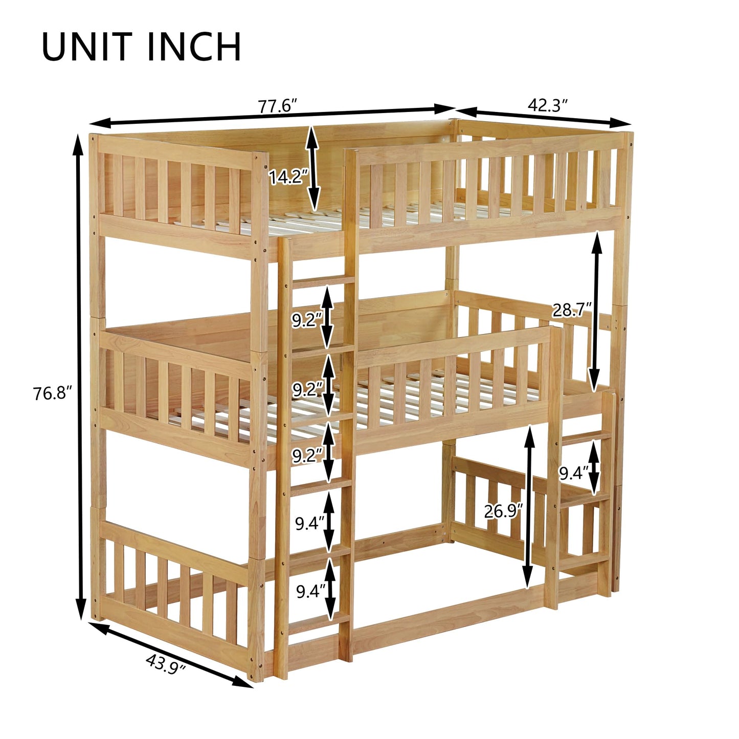 Twin Size Triple Rubber Wood Bunk Bed with Ladders, Detachable Bunk Bed, Stylish 3 beds in 1 Bunk Bed Frame with Safety Guardrails for Adults Kids Teens, Sturdy Slats Support (White Oak-88j)