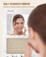 Hzuaneri 8 LEDs Jewelry Cabinet Armoire, 64.8-inch Jewelry Organizer with Garment Rack, Lockable Full-length Mirror with 4 Wheels, Storage Shelves with Hooks, 5-in-1, White and Beige JC17003BE Hzuaneri